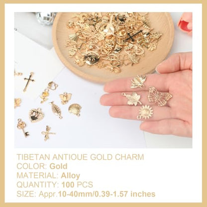 Resflyar 100 PCS Wholesale Bulk Lots Jewelry Making Charms, Mixed KC Gold Charms Pendants for Wedding Birthday Party Necklace Bracelet Jewelry Making and Craft DIY Supplies - color: Gold-100PCS