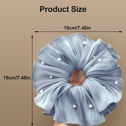3Pcs Flowing Satin Scrunchies for Women Big Scrunchie with Pearl Pleated Satin Scrunchie Elastic Hair Ties White Black Blue Cute Scrunchy Ponytail Holders Large Scrunchies Womens Hair Accessories