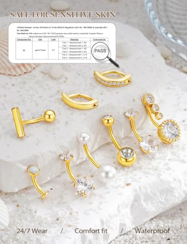 Hypoallergenic Belly Button Ring for Women | 14G, Stainless Steel, Gold Heart CZ Beaded Ball Pearl Belly Ring Stack, Curved Navel Belly Button Piercing Body Jewelry, 9PCS - color: 9PCS-14K Gold Plated