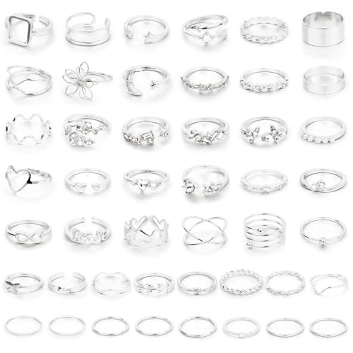 CHICUTIE Gold Knuckle Rings Set For Women Stackable Joint Finger Midi Rings Dainty Cubic Crystal Zirconia Simple Hollow Twist Cute Rings Pack Jewelry Gift - style: 46pcs Silver