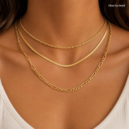 Gold Neklace Stack Dainty Gold Herringbone Necklace for Women Layered Paperclip Chain Necklaces Rhinestone Drop Simple Jewelry Gifts for Women - color: A8:3pcs