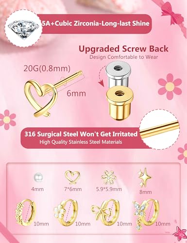 ORAZIO Hypoallergenic Earrings for Girls Women Kids Surgical Stainless Steel Screw Back Bow Heart Flower Stud Hoop Toddler Kids Earrings for Girls Sensitive Ears Over 4 Years Old - color: 8Pairs-gold girls earrings