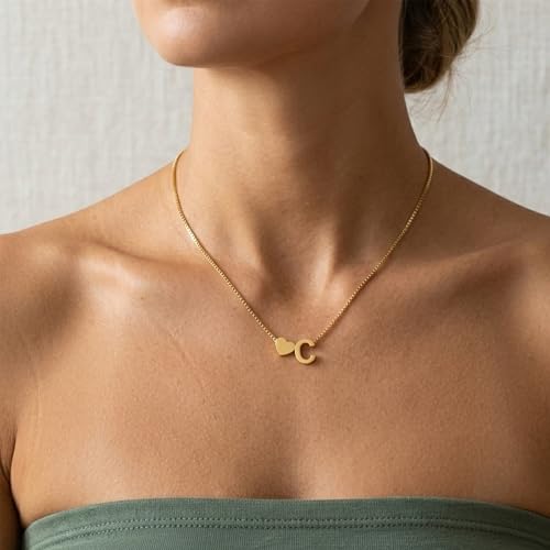 18K Real Gold Plated Heart Initial Necklace for Women-Personalized A-Z Letter Pendant on Durable Stainless Steel Box Chain (16+2.5 inch Adjustable) Hypoallergenic Everyday Jewelry Gift Boxed for Mom Wife - style: Gold:C