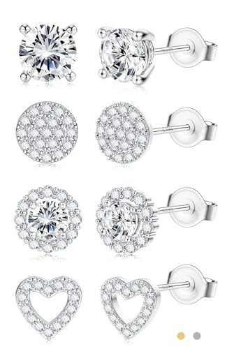 SAILIMUE Hypoallergenic Sterling Silver Stud Earrings for Women Men | Brilliant Heart Knot Round Cubic Zirconia Earring Studs for Sensitive Ears Gold Silver Tone - color: silver-D