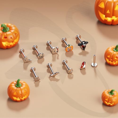 ZS 9Pcs 16G Halloween Labret Lip Rings Internally Threaded Piercing Jewelry | Bat Ghost Skull Monroe Medusa Piercing Jewelry Flat Back Conch Tragus Earrings for Women Men - color: SetB:Silver, size: L:8mm