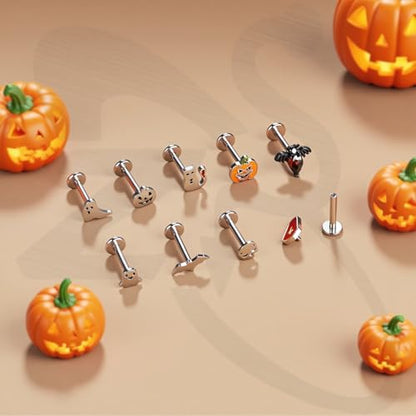 ZS 9Pcs 16G Halloween Labret Lip Rings Internally Threaded Piercing Jewelry | Bat Ghost Skull Monroe Medusa Piercing Jewelry Flat Back Conch Tragus Earrings for Women Men - color: SetB:Silver, size: L:8mm