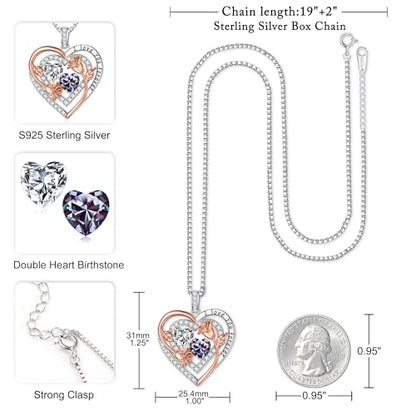 Iefil Heart Birthstone Necklace for Women - Double Birthstone Jewelry | 925 Sterling Silver, Gift Box Packaging, Anniversary Birthday Gifts for Women Wife Mom - color: 04-06-Apr-Jun Birthstone