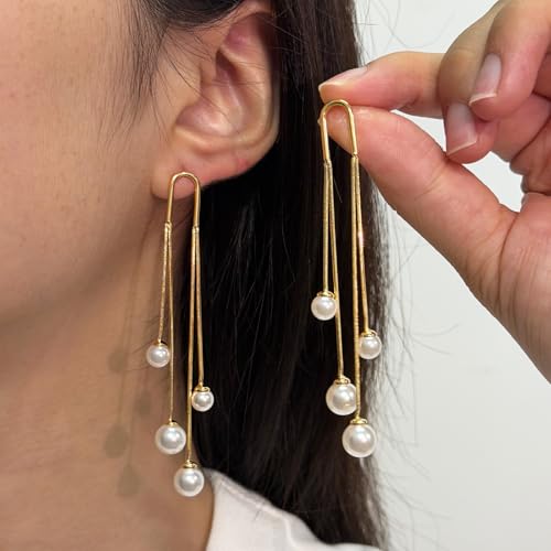 Pearl Dangle Earrings for Women, 14K Gold Plated, Long Tassel Drop Style, Trendy Fashion Jewelry - color: Gold