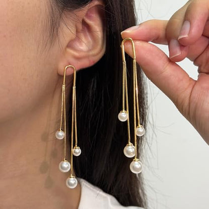 Pearl Dangle Earrings for Women, 14K Gold Plated, Long Tassel Drop Style, Trendy Fashion Jewelry - color: Gold
