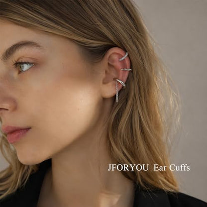 JFORYOU Stainless Steel Ear Cuff Fake Helix Cartilage Clip On Wrap Earrings Fake Lip Ring Non-Piercing Adjustable Men Women - color: Style F-Silver