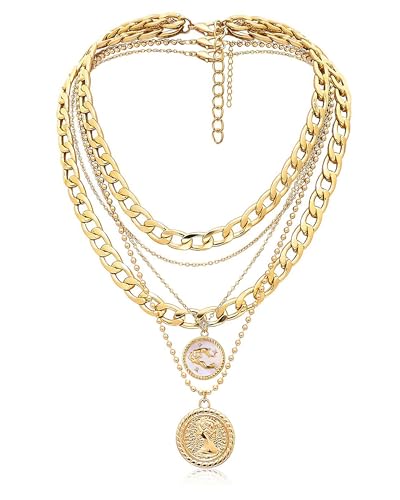 MJartoria Layered Necklaces for Women Trendy Retro Coin Pendant | Dainty Chunky Chain, Choker Necklaces, Jewelry Birthday Gifts - color: Golden, style: Zodiac-Aquarius-3PCS Layered