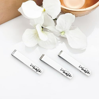 Wedding Party Tie Clip Set of 3 – Stainless Steel Silver Tie Bars for Men – Fishing, Hunting, Golfing, Cross, Suit Designs – Gifts for Groomsmen and Best