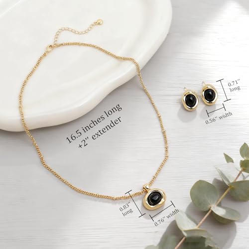 Gold Silver Stud Earrings Pendent Necklace Sets for Women, Dainty Rhinestone Crystal Necklace Earing Jewelry Set Wedding Accessories Fashion Holiday Gift - color: Black Obsidian