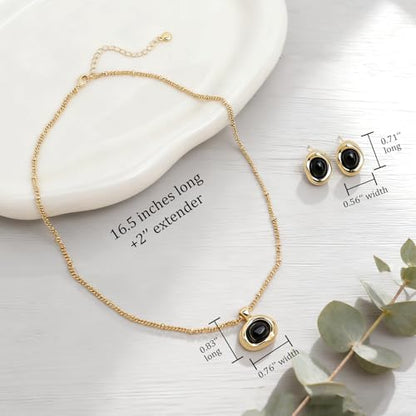 Gold Silver Stud Earrings Pendent Necklace Sets for Women, Dainty Rhinestone Crystal Necklace Earing Jewelry Set Wedding Accessories Fashion Holiday Gift - color: Black Obsidian