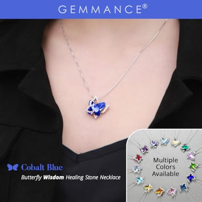 Butterfly Necklace, Birthstone Crystal, for Women, Silver Tone Pendant Jewelry, Anniversary Birthday Gift for Her, Wife & Mom, 18"+2" - color: 13-Healing Stone for Wisdom - Cobalt Blue Crystal