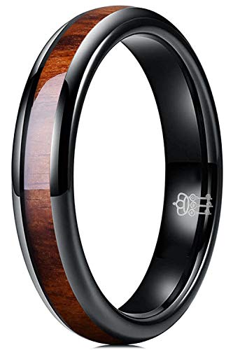 THREE KEYS JEWELRY Tungsten Wedding Band Koa wood Inlay Black Domed | 4mm, 6mm, 8mm, Everyday Wear, Black, Domed, Koa wood inlay - color: Black 4mm
