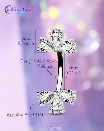 Melighting 14G Double Teardrop CZ Gold Belly Button Ring 316L Surgical Steel Navel Ring 3 Stone Drop Design Belly Bar Piercing Jewelry for Women 8 mm/10 mm - color: Steel, size: 14G8mm