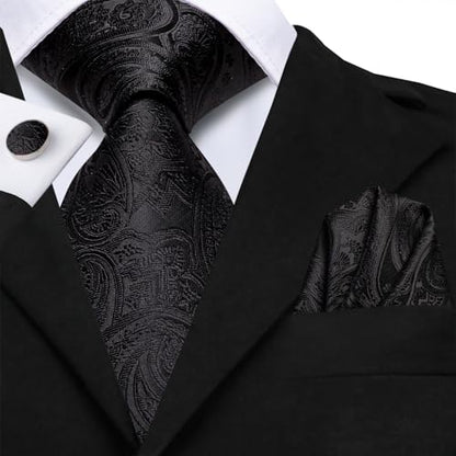Hi-Tie Men 63inches Tie Set Extra Long Necktie Paisley Tie Pocket Suqare Cufflinks Big and Tall Men Tie - color: Black Dark