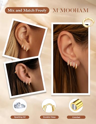 M MOOHAM Huggie Hoop Earrings for Women Teen Girls, 14K Gold Plated | Hypoallergenic Earring Set for Sensitive Ears, Small Huggie Hoops, Dainty Earrings Stack, Trendy Jewelry Gifts - color: 14K Gold Plated