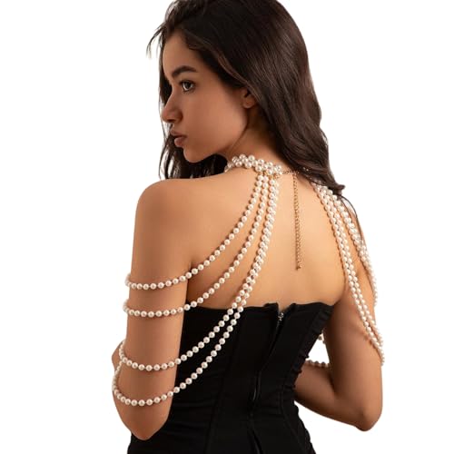 Pearl Beaded Bra Body Chain,Festival Rave Shoulder Chain Wedding Bridal Pearl Tassel Arm Chain Jewelry for Women - color: White
