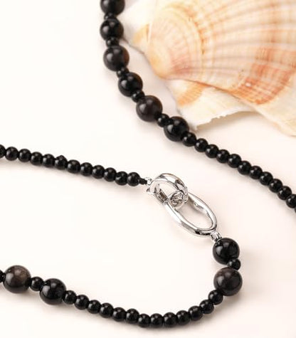 Long Beaded Necklaces for Women Pearl Stone Bead Strand - Layered Sweater Chain Elegant Mother's Day Jewelry Gifts - color: Black