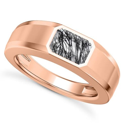 1CT - 3CT Gemstone Signet Pinky Ring - Emerald Cut Gem Pinky Ring White Yellow Rose 10K 14K 18K Gold Sterling Silver Mens Gem Signet Rings for Anniversary Fathers Day - style: Black Rutilated Quartz