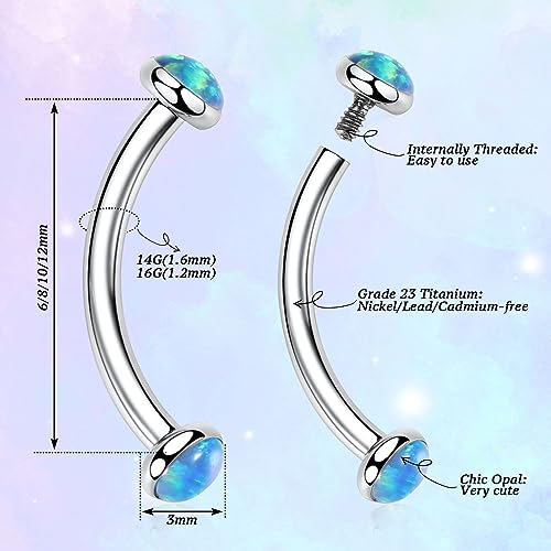 G23 Titanium Eyebrow Piercing Jewelry Eyebrow Rings Curved Barbell 16G Eyebrow Belly Button Ring Navel Rings Rook Daith Earrings Lip Ring Eyebrow Jewelry 6mm-12mm - color: 2PCS,Disc Shape Blue Opal,Silver