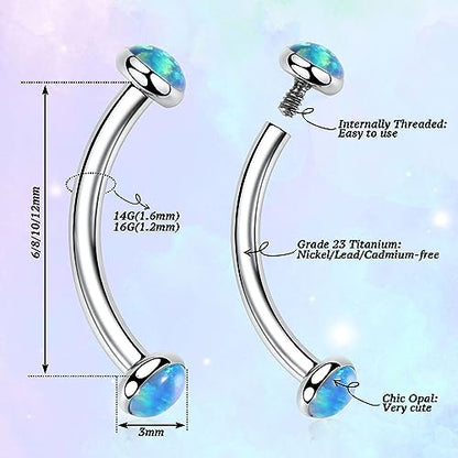 G23 Titanium Eyebrow Piercing Jewelry Eyebrow Rings Curved Barbell 16G Eyebrow Belly Button Ring Navel Rings Rook Daith Earrings Lip Ring Eyebrow Jewelry 6mm-12mm - color: 2PCS,Disc Shape Blue Opal,Silver