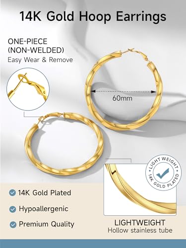 PROSTEEL Chunky Hoop Earrings for Women 14K Gold Plated/Black/Silver | 20/30/40/50/60/70/80mm Stainless Steel Thick Big Round Hoop with Waterproof and Non Tarnish Trendy Jewelry with Gift Box - color: 4. Gold, size: 60MM