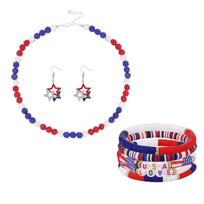 Fourth Of July Earrings Rhinestone American Flag USA Earrings Necklaces Stackable Bracelets Memorial Day Jewelry Set 3PCS