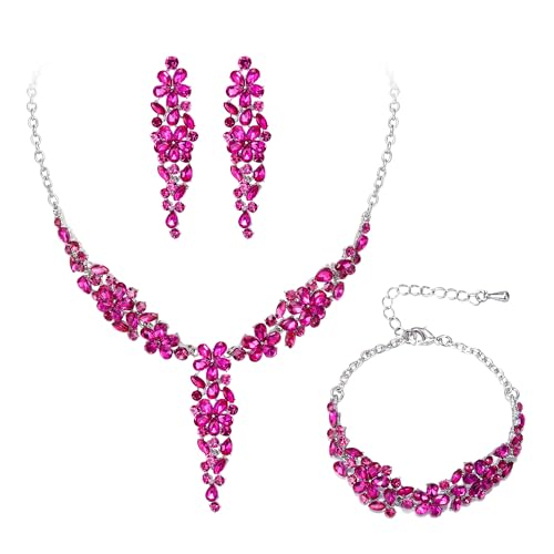 EleQueen Statement Sparkle Crystal Necklace Bracelet Dangle Earrings Set for Women, Art Deco Prom Chandelier Jewelry for Wedding Bridal - color: Hot Pink-Silver-Plated-Base