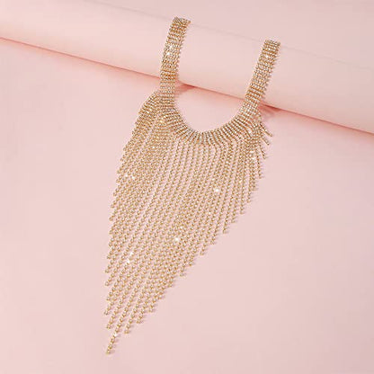 Aomcisi Fashion Women Sexy Rhinestone Bib Choker Necklace Tassel Long Chain Necklace - color: Gold