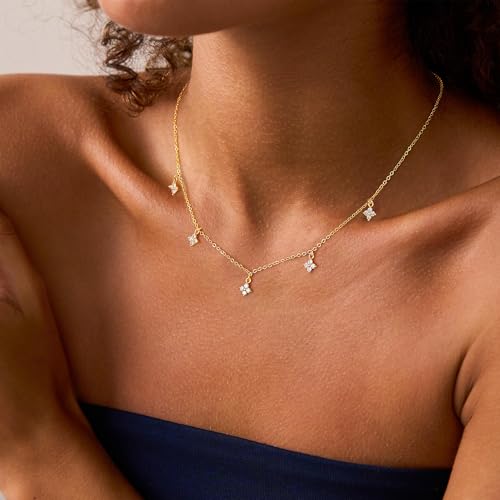 Ursteel 14K-Gold-Plated Necklace for Women Girls, Cute Daisy Pearl Necklace for Girls Clover Butterfly Cubic Zirconia Flower Evil Eye Station Necklaces for Women Teen Girl Gifts - color: "Clover Zircon
