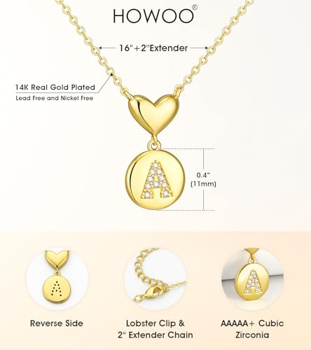 Howoo 14K Gold Plated Initial Necklace for Women Heart Necklace for Women Round Zircon Letter Pendant Plated Adjustable Necklaces Birthday Galentines Valentine Gifts Jewelry - color: S, style: style 1