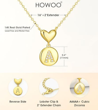 Howoo 14K Gold Plated Initial Necklace for Women Heart Necklace for Women Round Zircon Letter Pendant Plated Adjustable Necklaces Birthday Galentines Valentine Gifts Jewelry - color: S, style: style 1