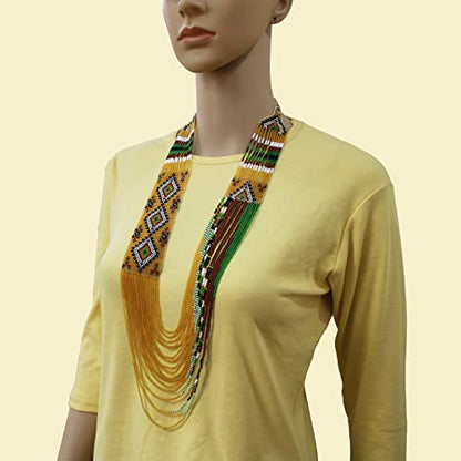 Handmade Native American Style Tribal ethnic Seed Bead Beaded Layered Medallion Necklace - color: Gold