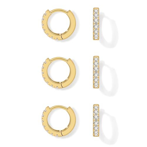 micuco 3 Pairs Small Hoop Earrings Tiny Cartilage Earrings for Women Men | Cubic Zirconia Earrings Huggie Hoop Ear Piercing Earrings for 8mm 10mm 12mm - color: 5# 14K Gold Plated 8mm*3