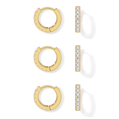 micuco 3 Pairs Small Hoop Earrings Tiny Cartilage Earrings for Women Men | Cubic Zirconia Earrings Huggie Hoop Ear Piercing Earrings for 8mm 10mm 12mm - color: 5# 14K Gold Plated 8mm*3
