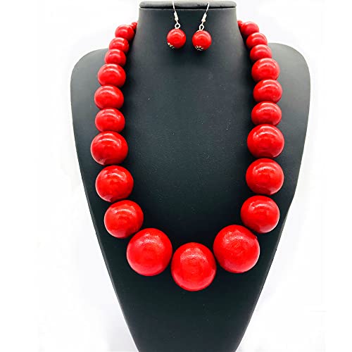 Colorful African Wooden Beaded Choker Neckalce Drop Dangle Earrings Set Chunky Strands Beads Large Bib Collar for Women 60's 70s Wedding Bohemain Jewelry - color: Red