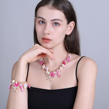 RUOFFETA Shell Starfish Necklace Bracelet Conch Statement Chunky Necklace Mermaid Costume Jewelry Beach Jewelry for Women - style: Necklace Hot Pink