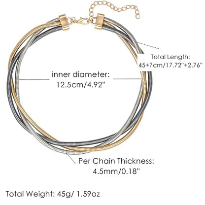 Chunky Gold Collar Choker Statement Necklace for Women Trendy | Gold Plated Layered Twist Flat Thick Snake Herringbone Chain African Torque Necklace Prom Boho Necklaces Party Jewelry Gift - style: 3 Twisted Chain/Gold&Silver