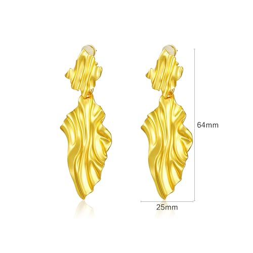 Large Geometric Drop Dangle Earrings for Women Pearl Teardrop Disc Rectangle Oval Fishtail Shell Shaped Textured Dangle Studs Earrings for Women - color: Gold-Textured