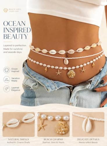 3PCS Gold Waist Chain for Women, Boho Layered 14K Gold Plated Belly Belt Chains Beach Waist Beads Chain, Body Chain for Women Summer Jewelrys Set - style: gd-layered chain