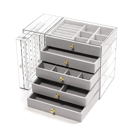 grey Jewelry Box Organizer, Transparent Acrylic Case with Velvet-Lined 5 drawers and 2 side drawers, Versatile Compartments for Earrings, Rings, Necklaces, Bracelets - color: Grey