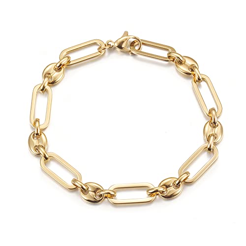 CIUNOFOR 14K Gold Plated Alternate Oval & Round Link Bracelets for Women, Non‑Tarnish Chunky Chain Charm Bracelet, Minimalist Stackable Layered Link Jewelry for 6.5”‑7.3” Wrists