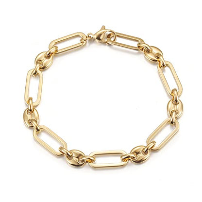 CIUNOFOR 14K Gold Plated Alternate Oval & Round Link Bracelets for Women, Non‑Tarnish Chunky Chain Charm Bracelet, Minimalist Stackable Layered Link Jewelry for 6.5”‑7.3” Wrists