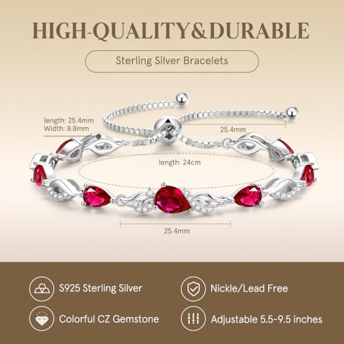 FANCIME Birthstone Teardrop Tennis Bracelet for Women, Sterling Silver 9x7mm main Gemstone Bolo Adjustable Chain Bracelet Fine Jewelry Birthday Gifts for Women Mom Wife Her - color: 07-Ruby