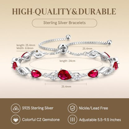FANCIME Birthstone Teardrop Tennis Bracelet for Women, Sterling Silver 9x7mm main Gemstone Bolo Adjustable Chain Bracelet Fine Jewelry Birthday Gifts for Women Mom Wife Her - color: 07-Ruby