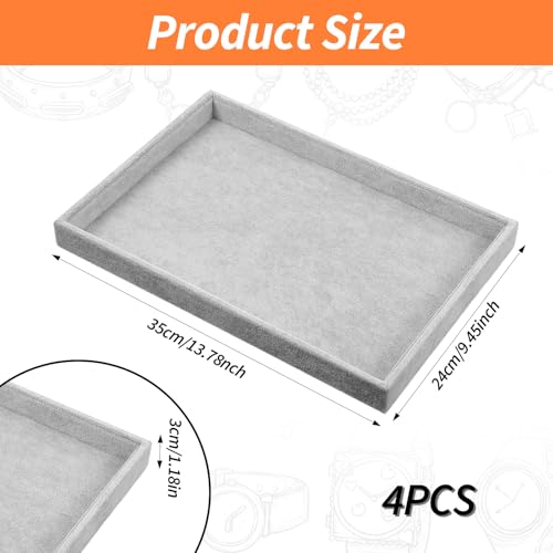 4 Pack Gray Velvet Stackable Jewelry Tray Showcase Display - 13.78 x 9.45 x 1.18 Inch, Stackable Necklace Bracelet Ring Showcase Display Empty Plate for Necklace Earring Ring Bracelet