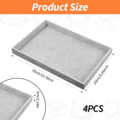 4 Pack Gray Velvet Stackable Jewelry Tray Showcase Display - 13.78 x 9.45 x 1.18 Inch, Stackable Necklace Bracelet Ring Showcase Display Empty Plate for Necklace Earring Ring Bracelet